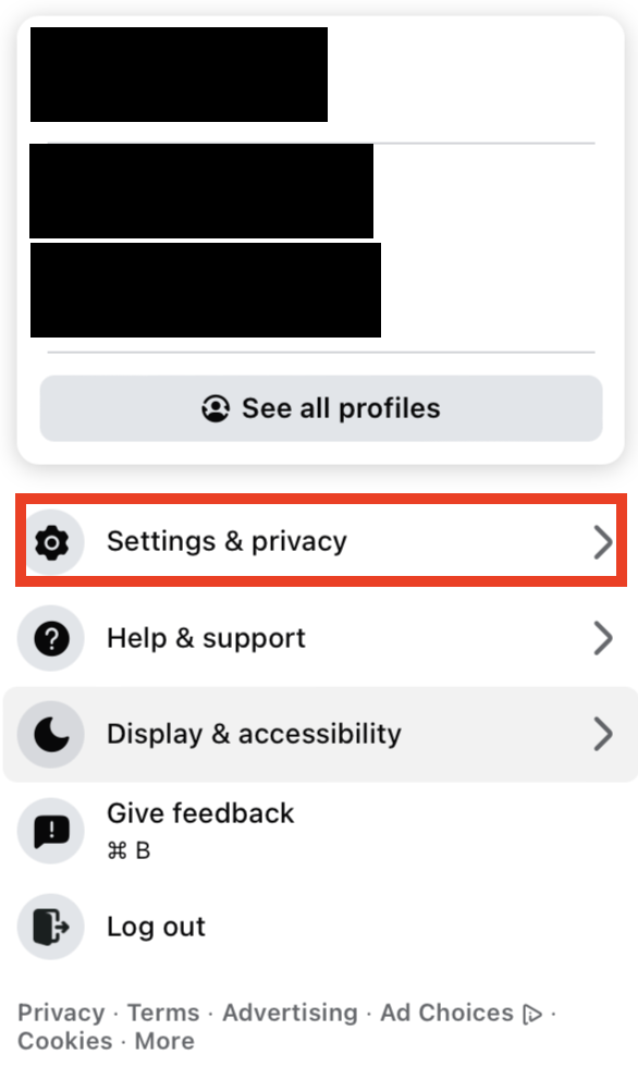 Facebook "Settings & privacy" link