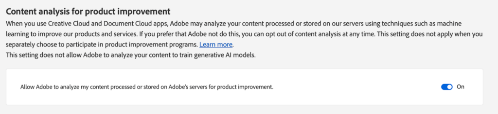 Adobe 'Content analysis for product improvement' toggle