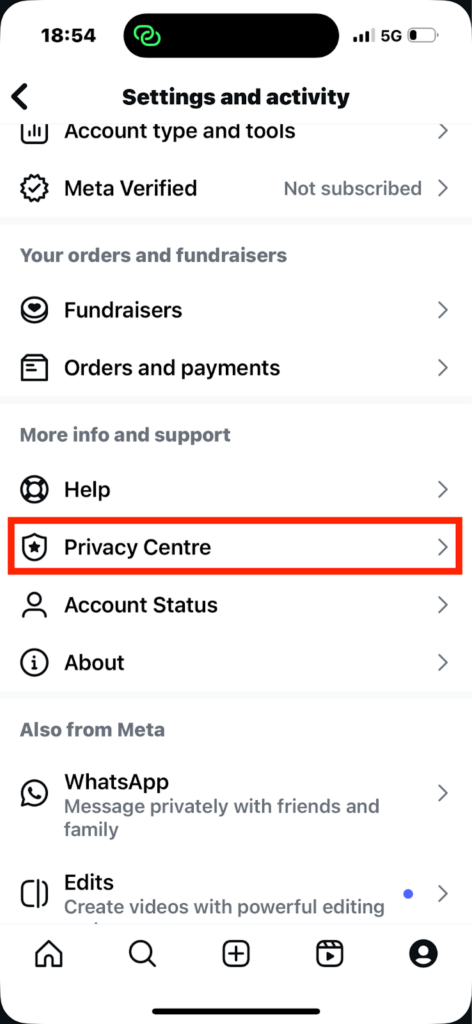 Instagram Privacy Centre link