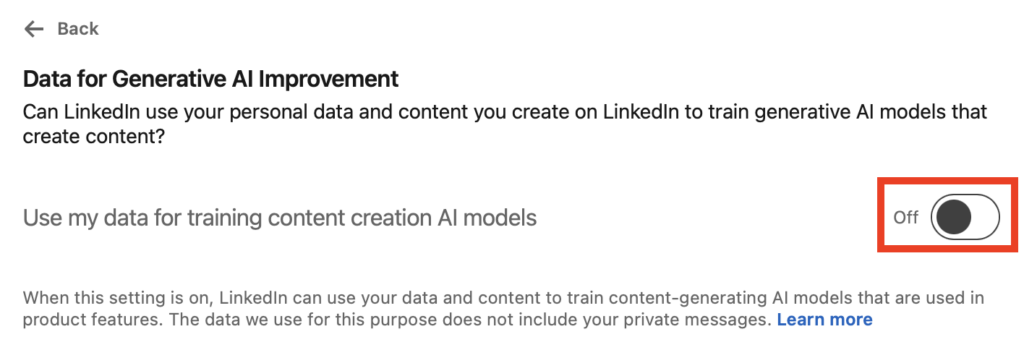LinkedIn "Data for Generative AI Improvement" toggle off 