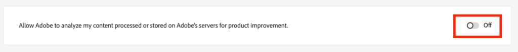 Adobe content analysis toggle set to "Off"