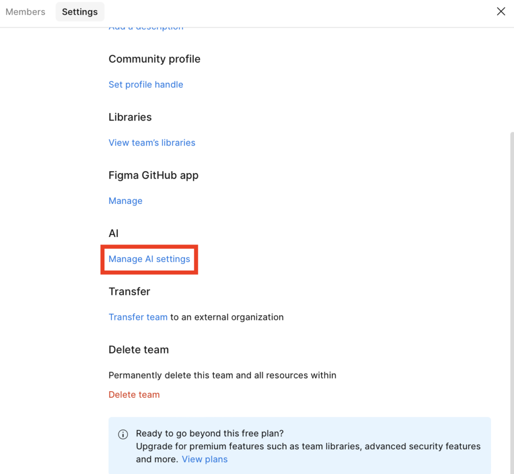 Figma "Manage AI settings" link