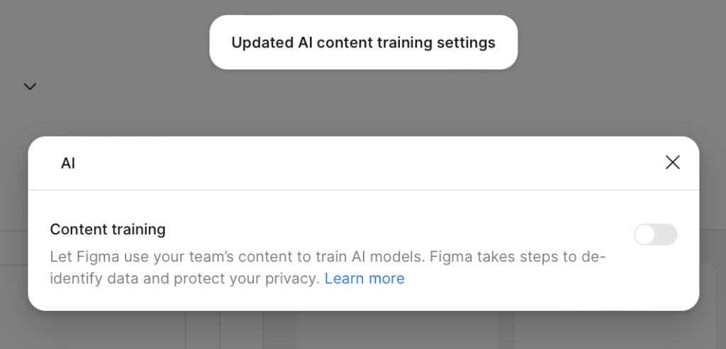 Figma "Content training" toggle off