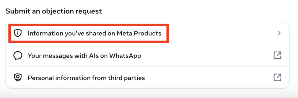 Facebook "Information you've shared on Meta Products" link