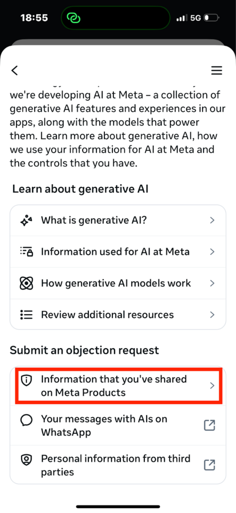 Instagram "Information that you've shared on Meta Products" link under 'Submit an objection request' 