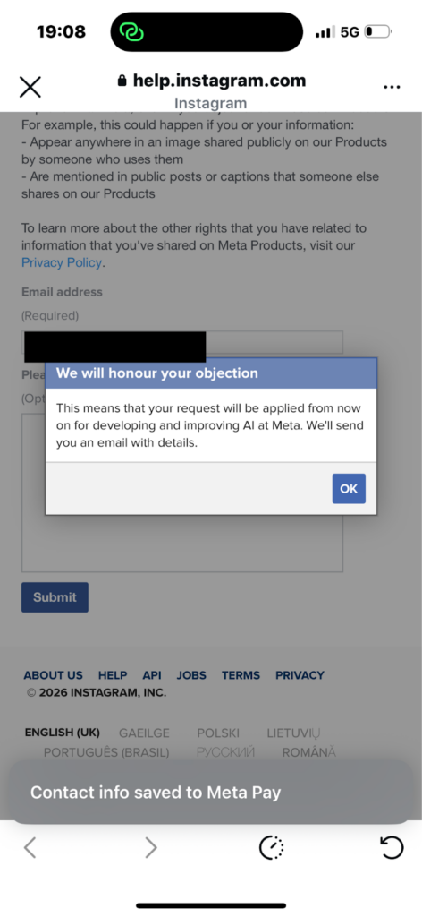 Instagram AI opt out form