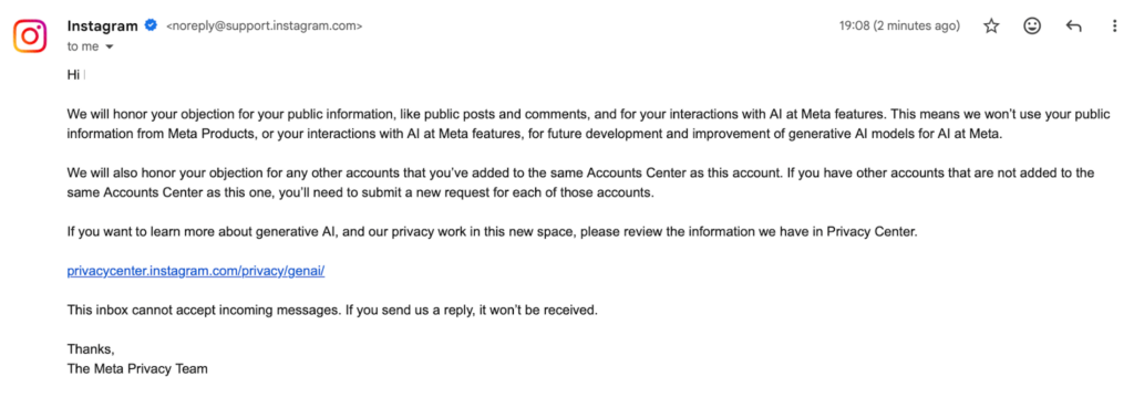 Instagram AI opt out confirmation email