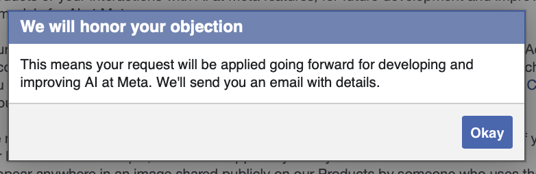 Facebook "We will honour your objection" popup