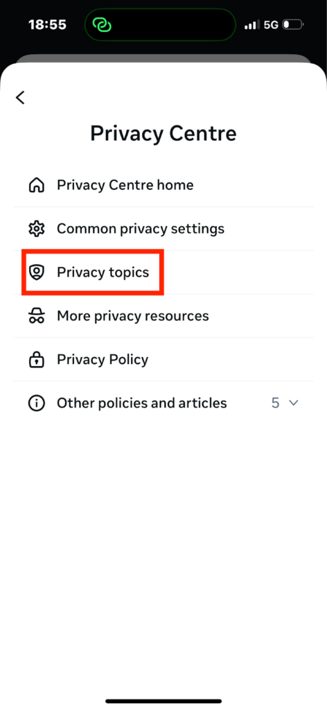 Instagram Privacy Centre "Privacy topics" link 