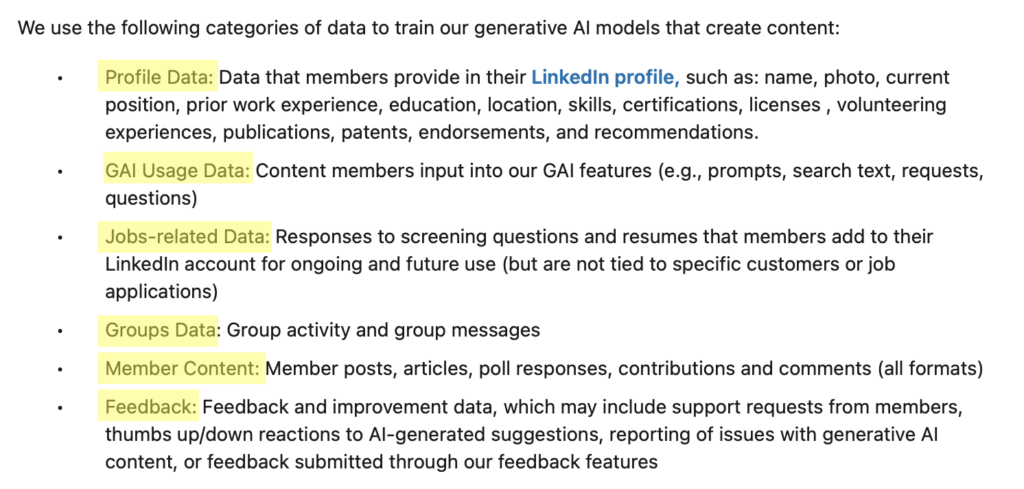 Types of data LinkedIn uses to train its generative AI models
