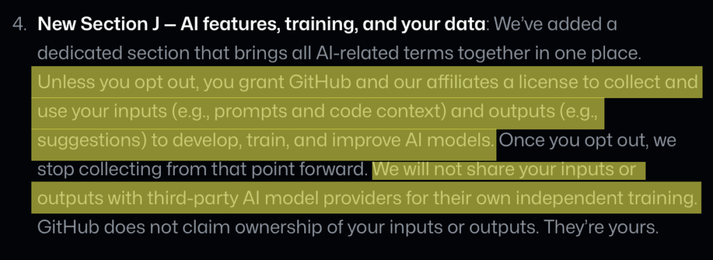 GitHub "AI features, training, and your data" section 