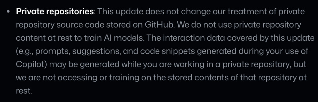 GitHub information on AI training and private repositories