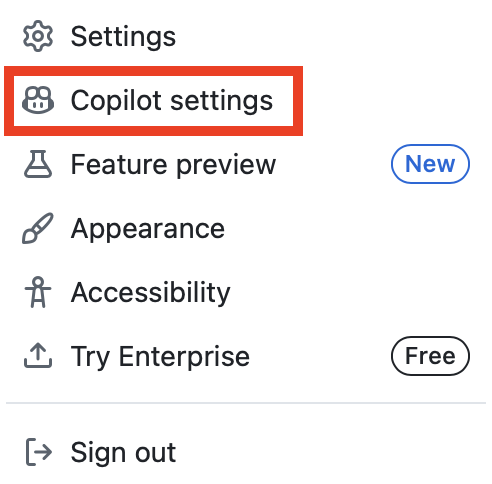 GitHub "Copilot settings" link 