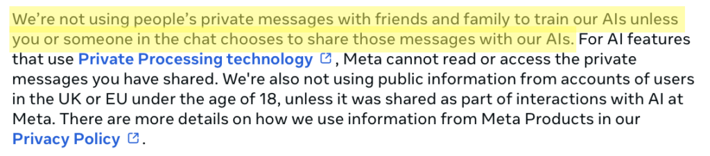 Information on whether Meta uses people's privacy messages to train AI (answer: no).