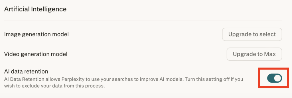 Perplexity 'AI data retention' toggle