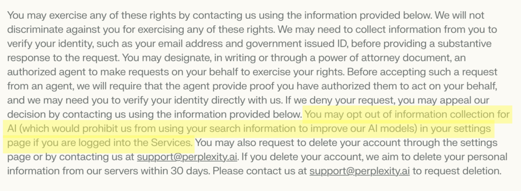 Perplexity privacy policy section on opting out of AI training