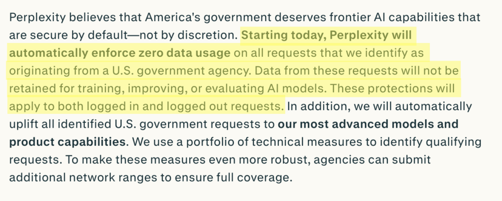 Perplexity zero data usage for government users