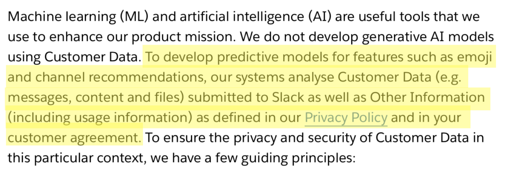 Slack information on how it uses users data to train AI models 