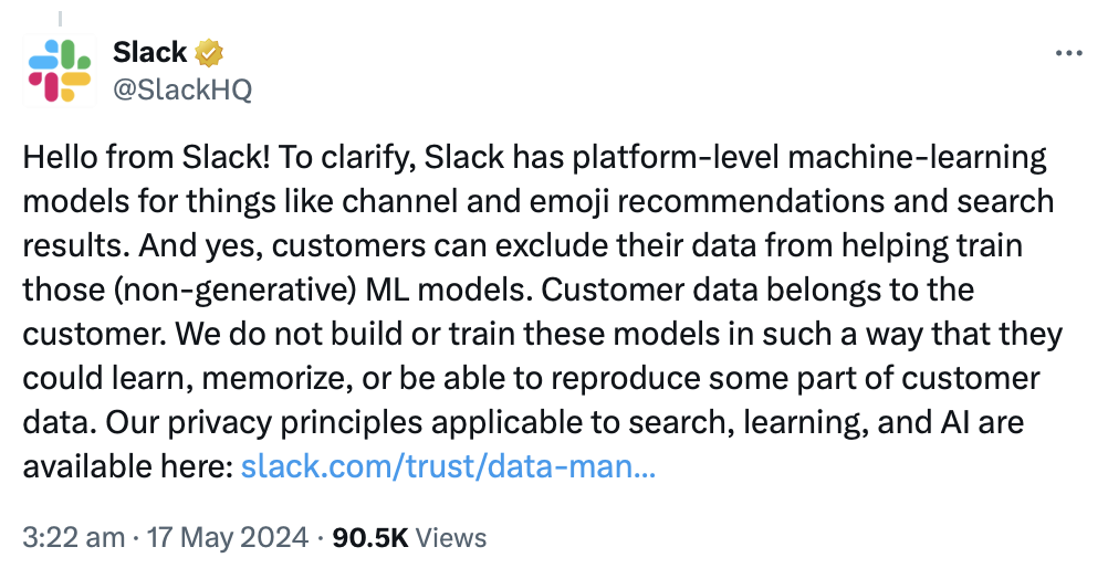 Slack X post clarifying how its machine learning models work