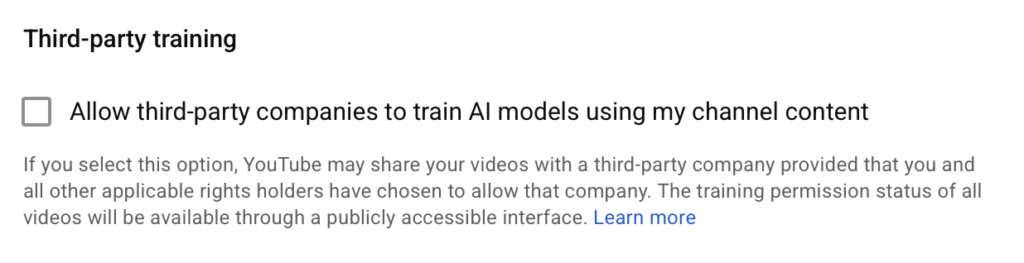 YouTube third-party training checkbox 