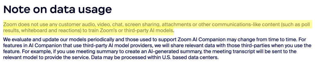 Zoom 'Note on data usage' 