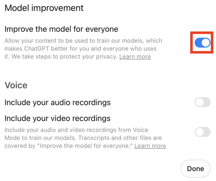 ChatGPT model improvement toggle