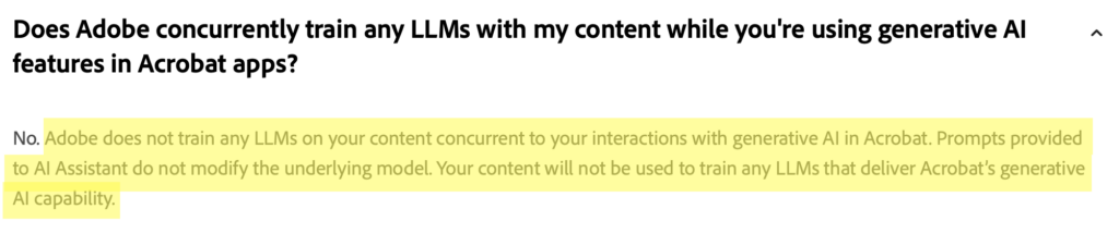 "Does Adobe concurrently train any LLMs with my content while you're using generative AI features in Acrobat apps?" 