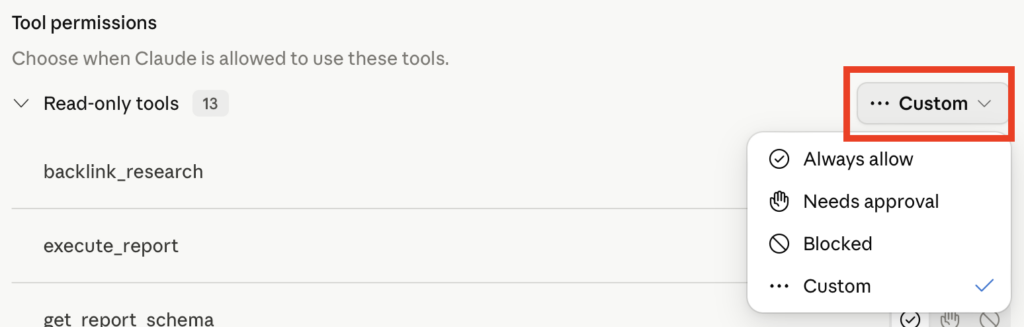 Change a Claude connector's permissions broadly