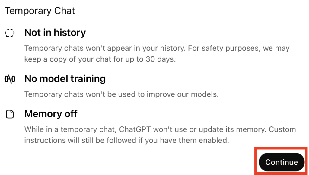 ChatGPT 'Temporary Chat' informational pop-up