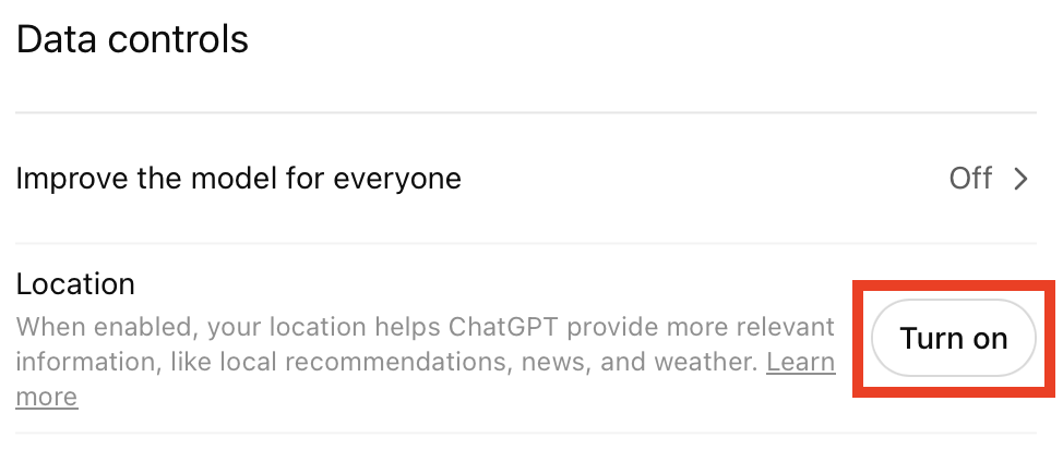 ChatGPT location data setting