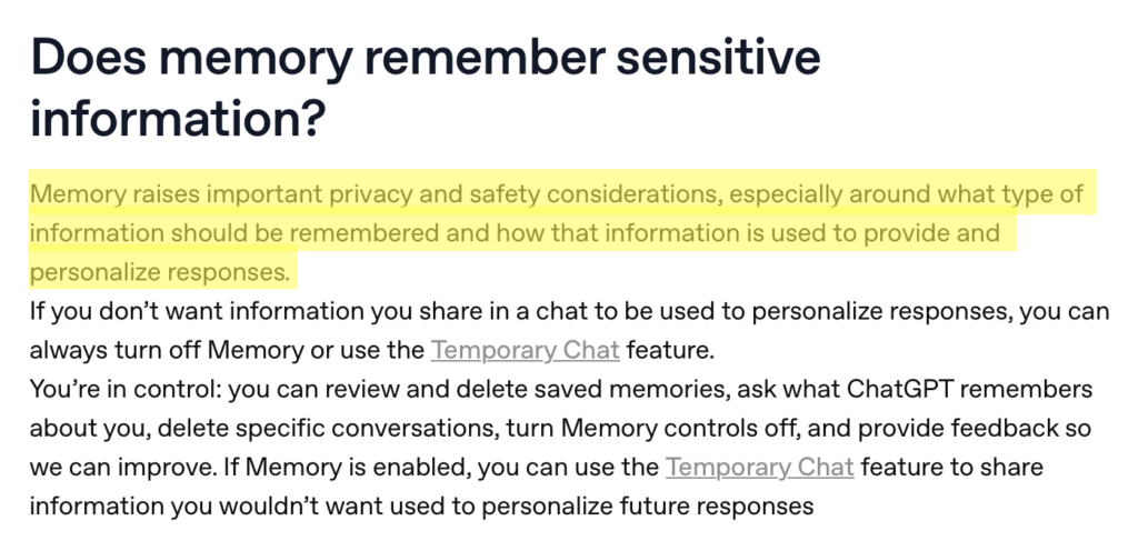 ChatGPT "Does memory remember sensitive information?"