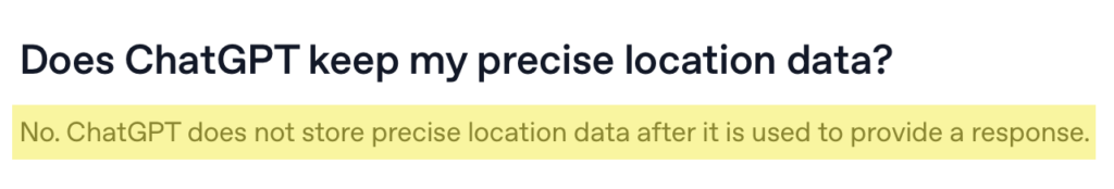 "Does ChatGPT keep my precise location data?"
