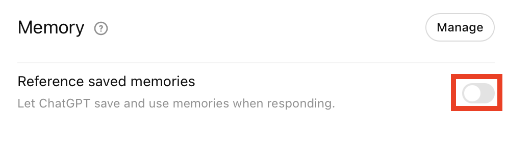 ChatGPT 'Reference saved memories' setting toggled off
