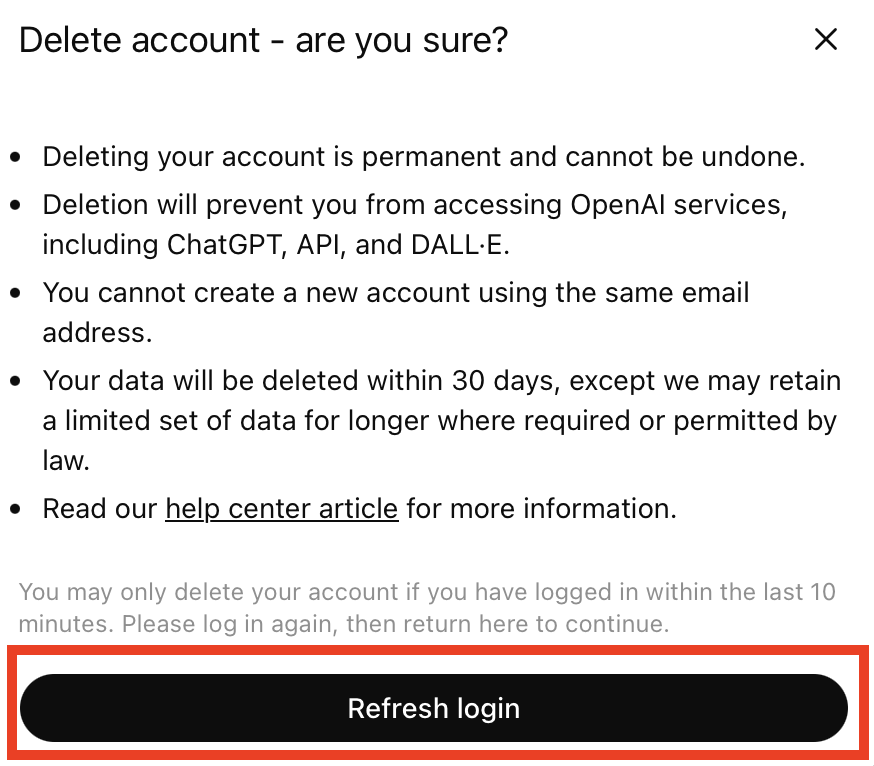 ChatGPT account deletion pop-up