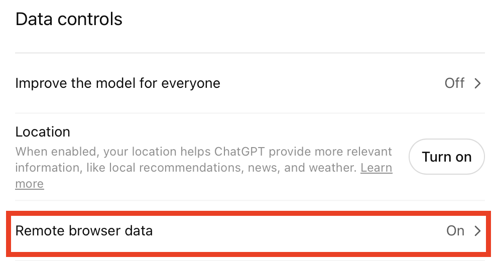 ChatGPT remove browser data setting