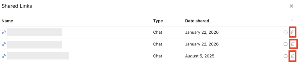 ChatGPT shared links with bin icon next to them