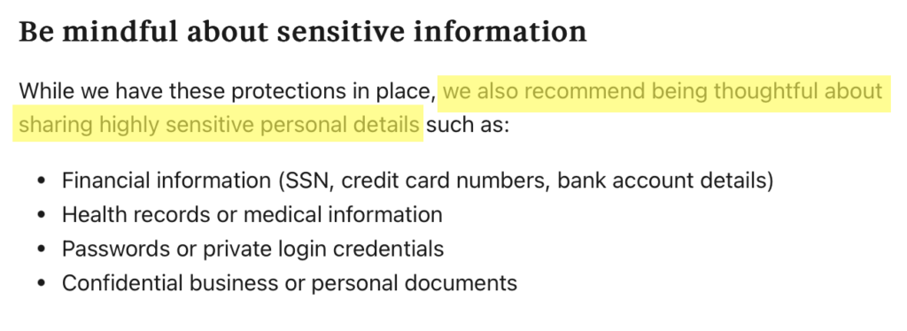Claude's warning to "be mindful about sensitive information"