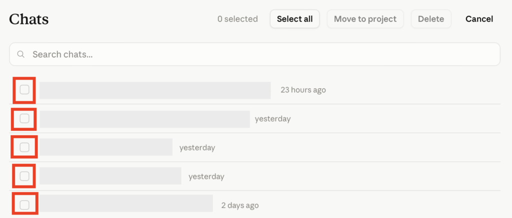 Selecting Claude chats for deletion