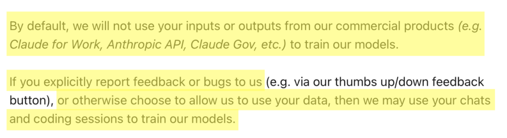 Claude doesn't train its AI models on commercial users' data