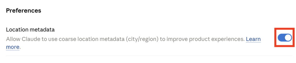 Claude "Location metadata" setting