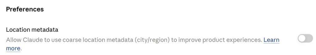 Claude "Location metadata" toggled off