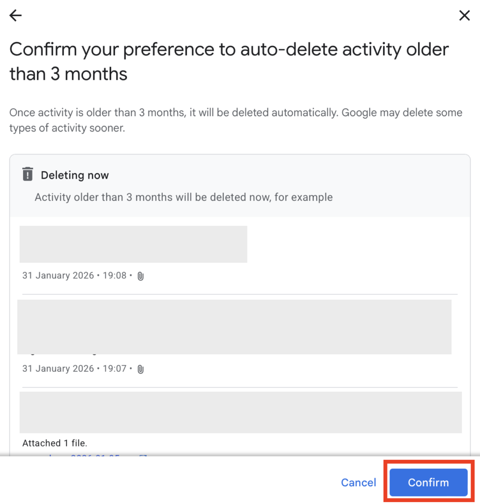 Confirm your preferences to auto-delete Gemini activity older than x months