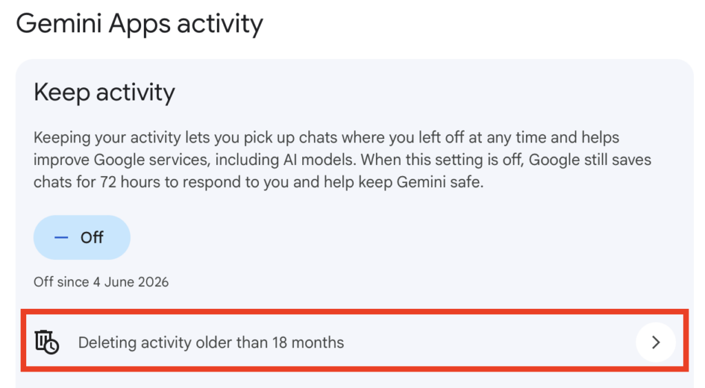 Keep activity - "Deleting activity older than 18 months" link