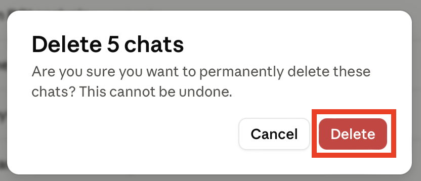 Delete Claude chats pop-up and "Delete" button