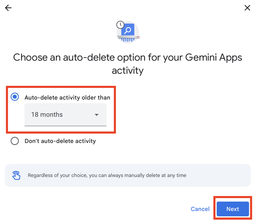 Gemini apps activity auto-delete option selection