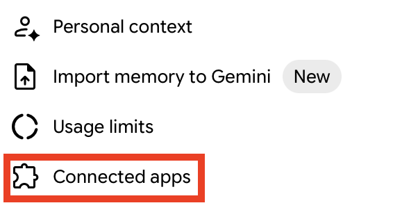Gemini "Connected apps" menu link