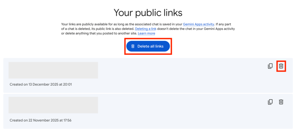 Gemini "Delete all links" button