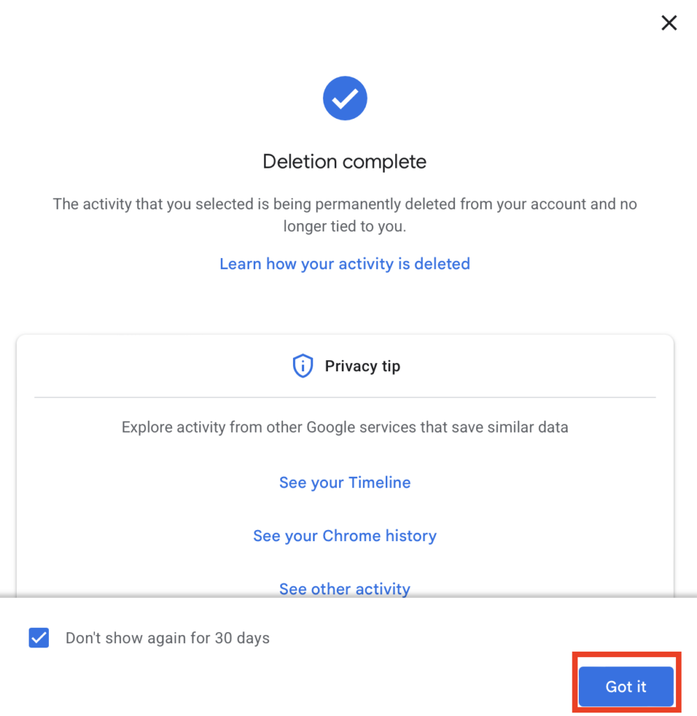 Gemini activity "Deletion complete"