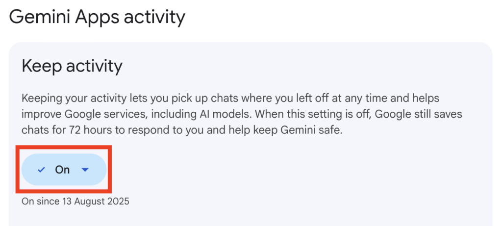 Gemini "Keep activity" setting "On"