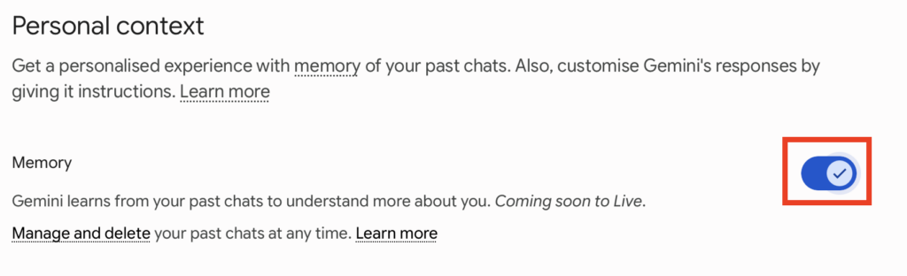 Gemini "Memory" setting